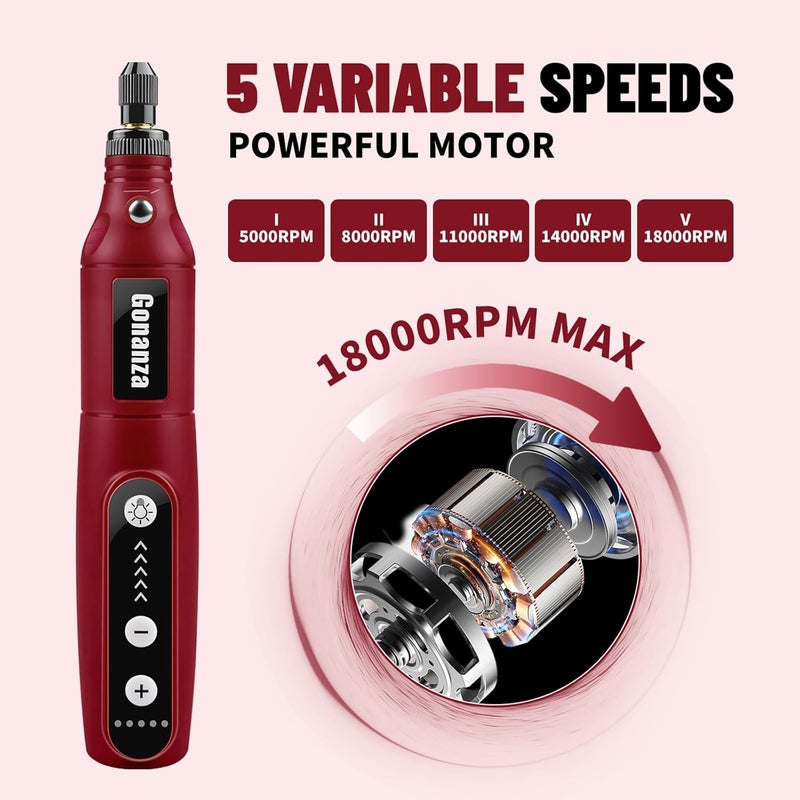 Gonanza Mini Cordless Rotary Tool Kit - 5-Speed, 3.7V Power Supply with LED Light 62 Accessories for Engraving, Sanding, Polishing, Type-C Rechargeable Perfect for DIY Crafts and Precision Work(Red) - Image 3